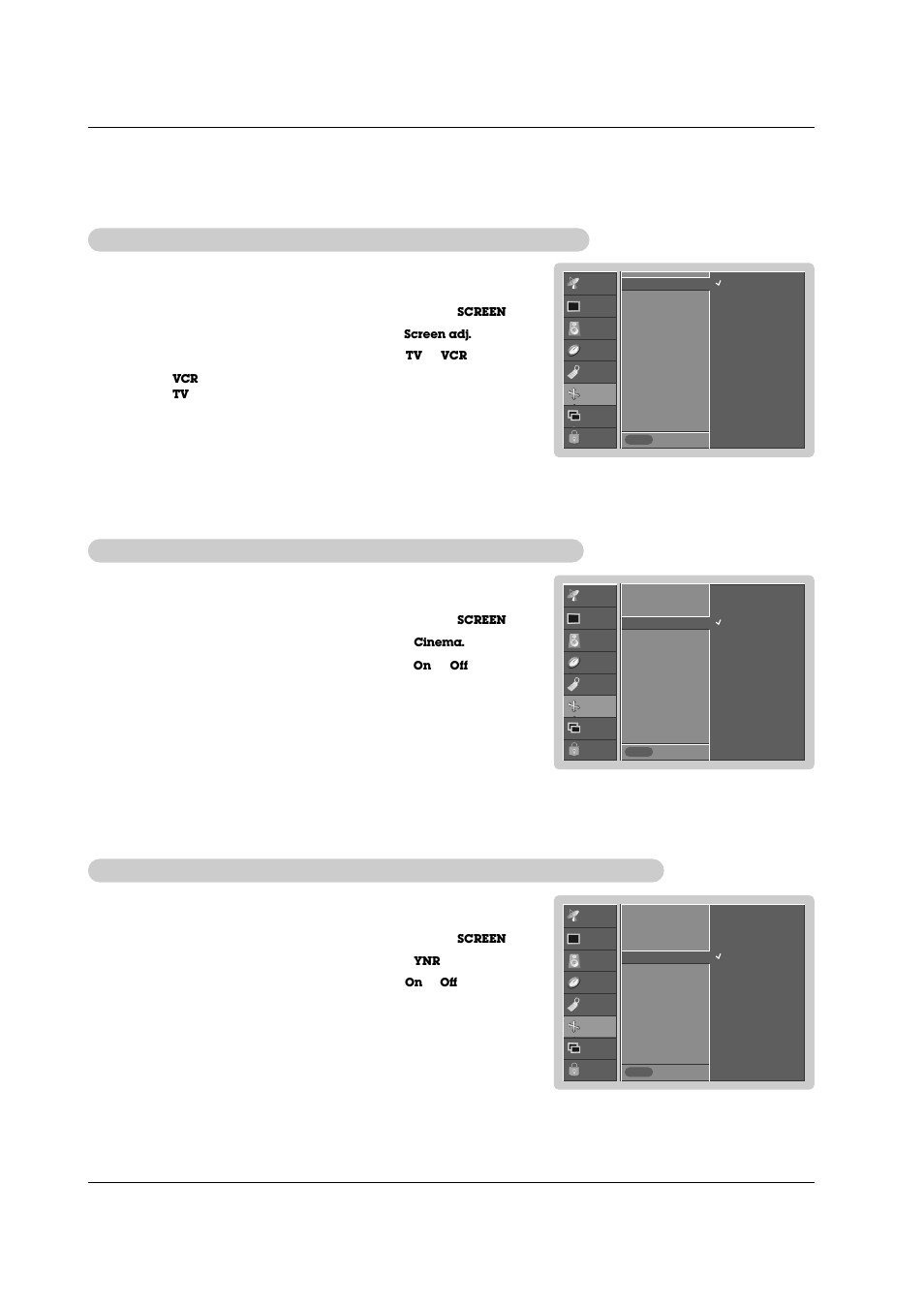 Luminance noise reduction (tv, Screen, Cinema mode setup (tv | LG RU-42PZ71 User Manual | Page 32 / 52