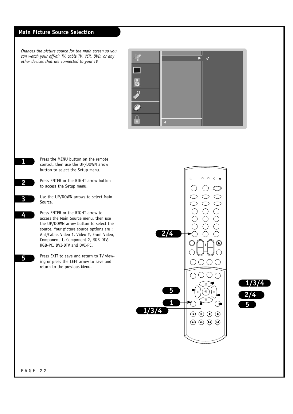 Main picture source selection | LG RU-60SZ30 User Manual | Page 22 / 60