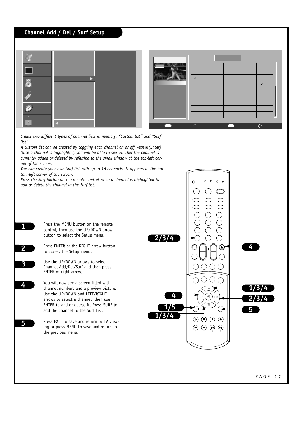 Channel add / del / surf setup, Setup, Setup video video audio audio time time lock lock | Special | LG RU-60SZ30 User Manual | Page 27 / 60