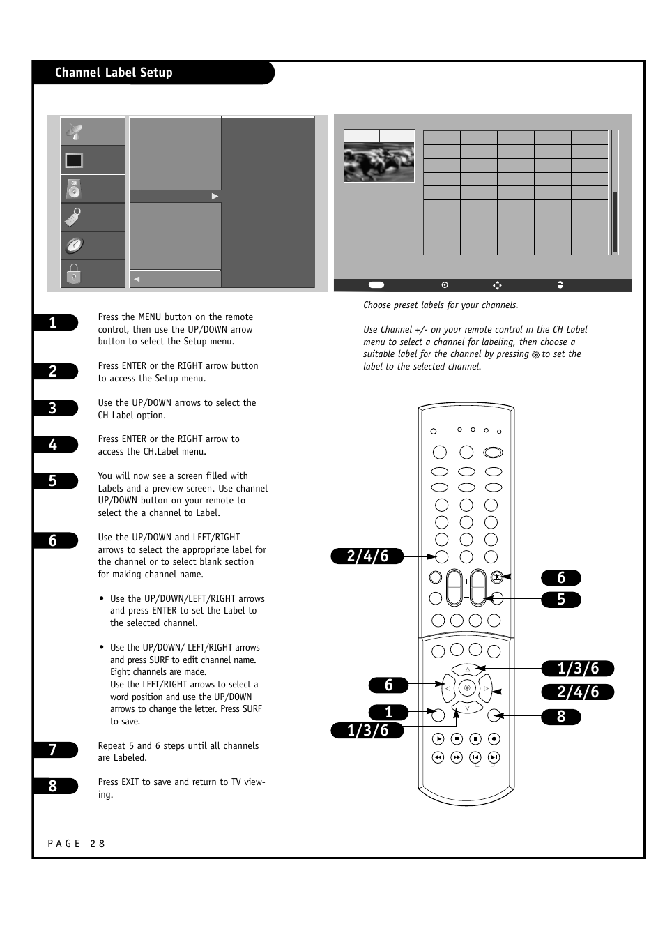 Channel label setup, Setup, Setup video video audio audio time time lock lock | LG RU-60SZ30 User Manual | Page 28 / 60