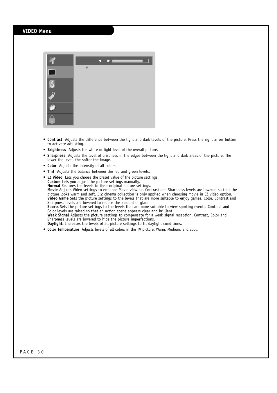 Video menu | LG RU-60SZ30 User Manual | Page 30 / 60