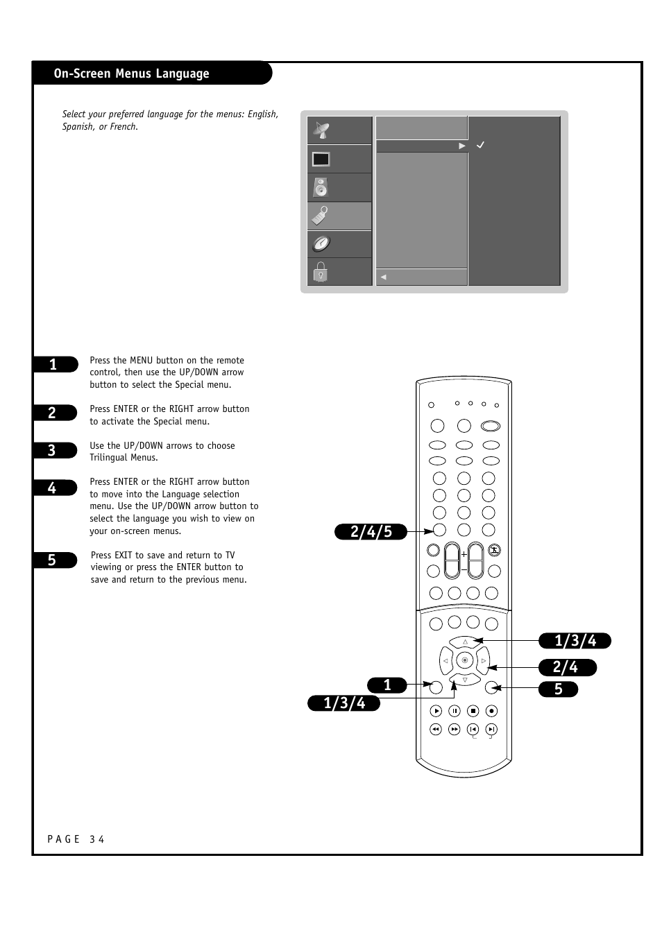 On-screen menus language | LG RU-60SZ30 User Manual | Page 34 / 60