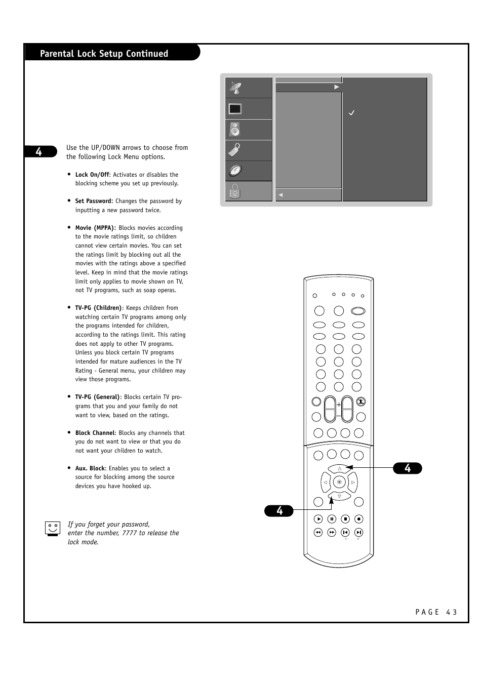 Parental lock setup continued, Setup, Setup video video audio audio time time lock lock | LG RU-60SZ30 User Manual | Page 43 / 60