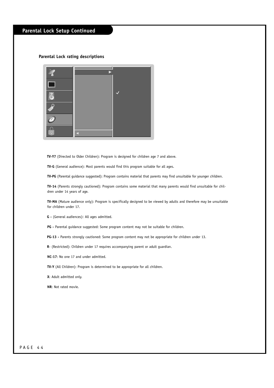 Parental lock setup continued | LG RU-60SZ30 User Manual | Page 44 / 60