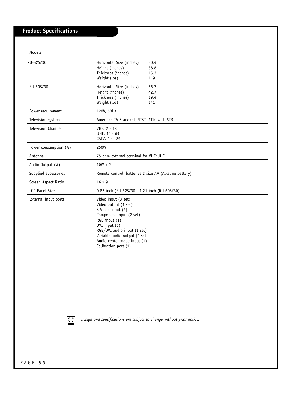 Product specifications | LG RU-60SZ30 User Manual | Page 56 / 60