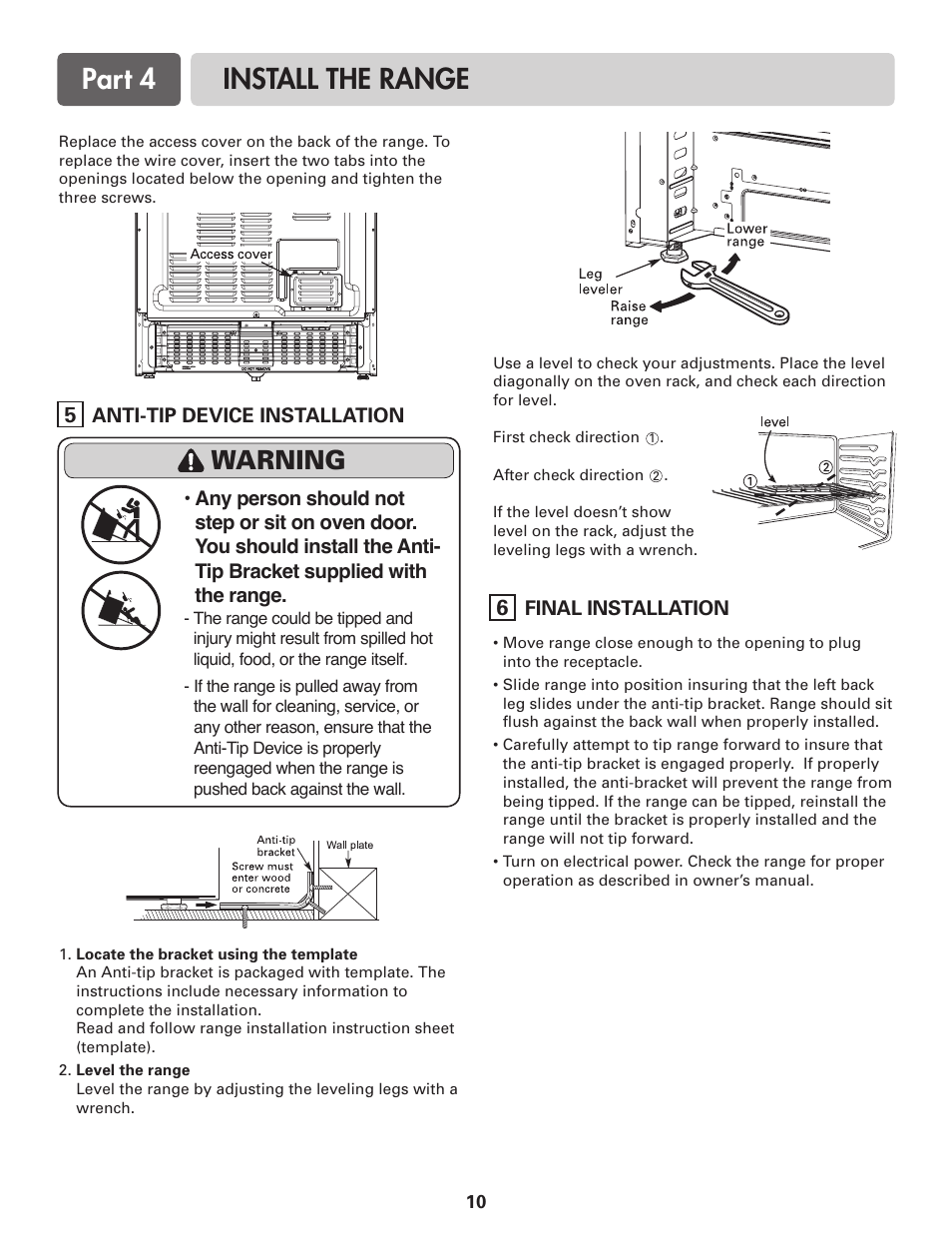 Part 4 install the range, Warning, Anti-tip device installation | Final installation | LG LDE3017SW User Manual | Page 10 / 11