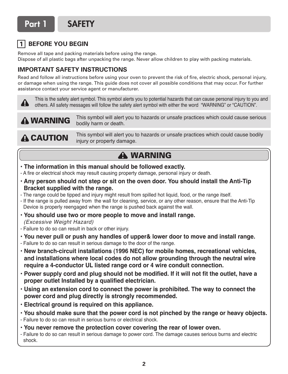 Part 1 safety, Warning, Caution warning | LG LDE3017SW User Manual | Page 2 / 11