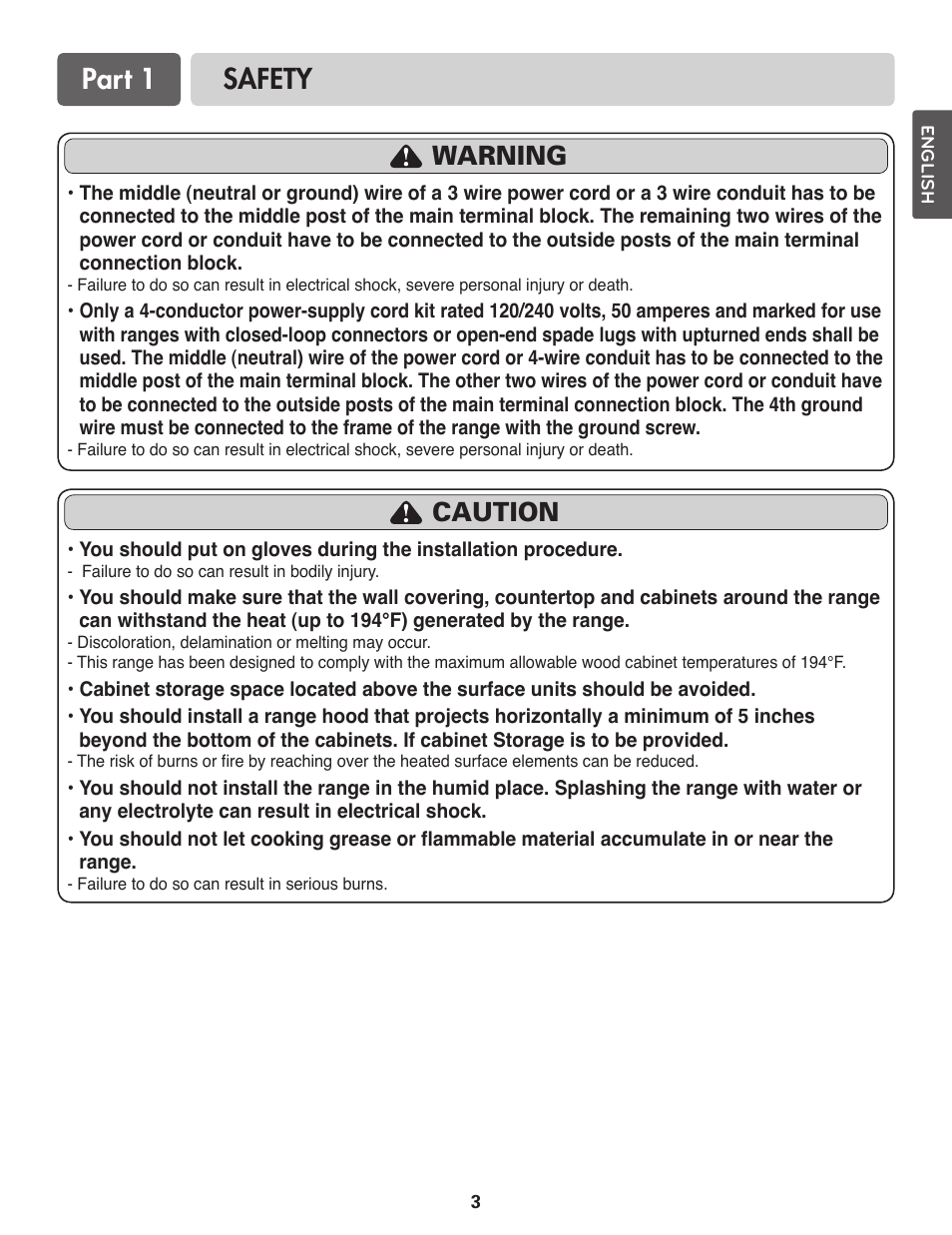 Part 1 safety, Warning, Caution | LG LDE3017SW User Manual | Page 3 / 11