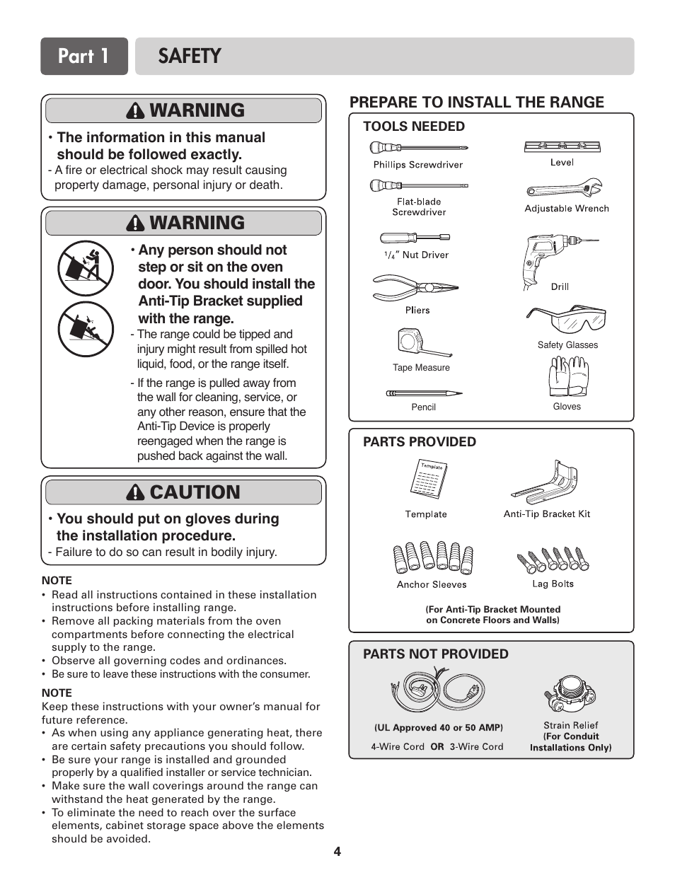 Part 1 safety, Warning, Caution | Prepare to install the range | LG LDE3017SW User Manual | Page 4 / 11