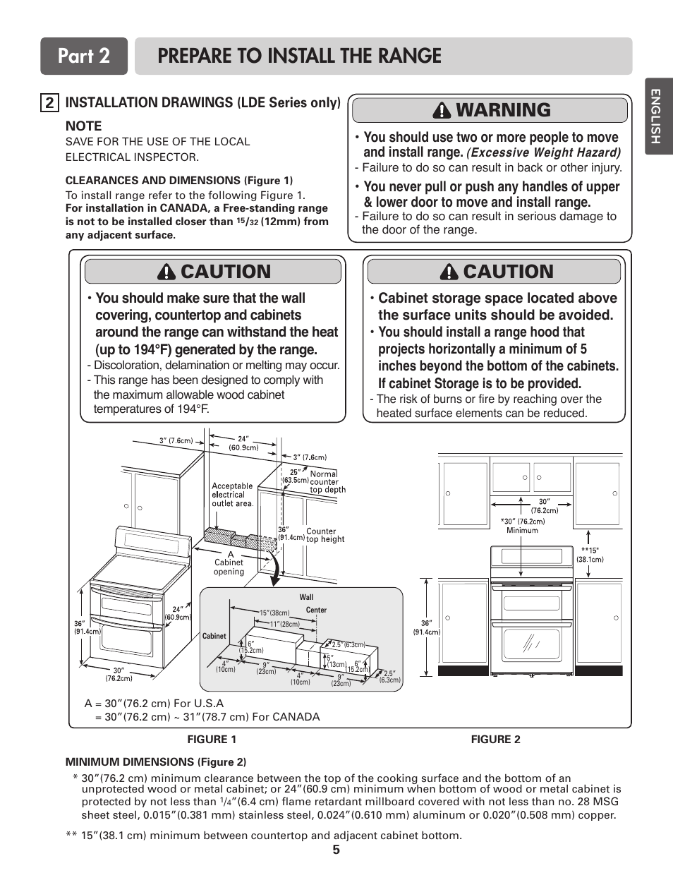 Prepare to install the range part 2, Caution, Warning | Installation drawings (lde series only) | LG LDE3017SW User Manual | Page 5 / 11