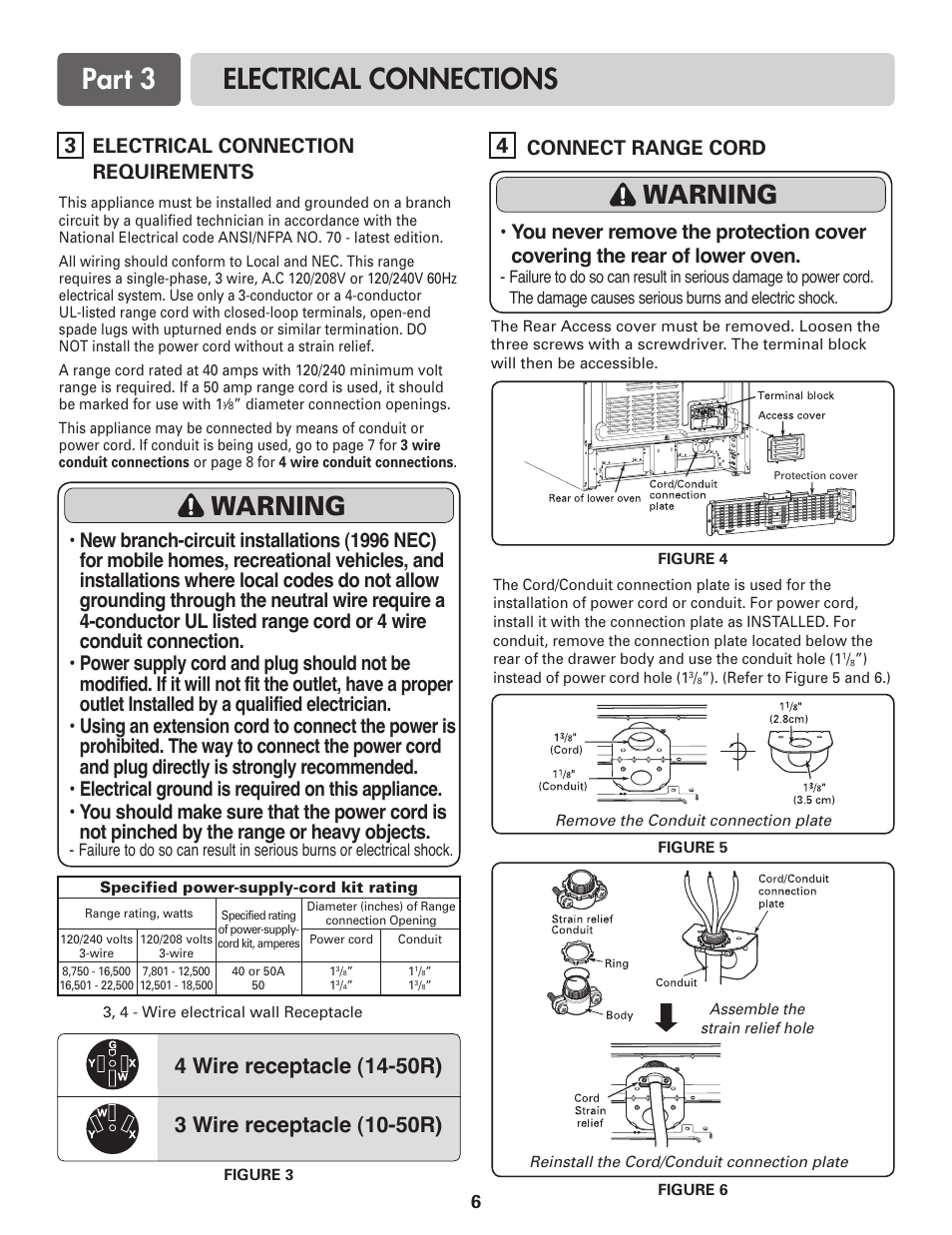 Part 3 electrical connections, Warning, Connect range cord | Electrical connection requirements | LG LDE3017SW User Manual | Page 6 / 11