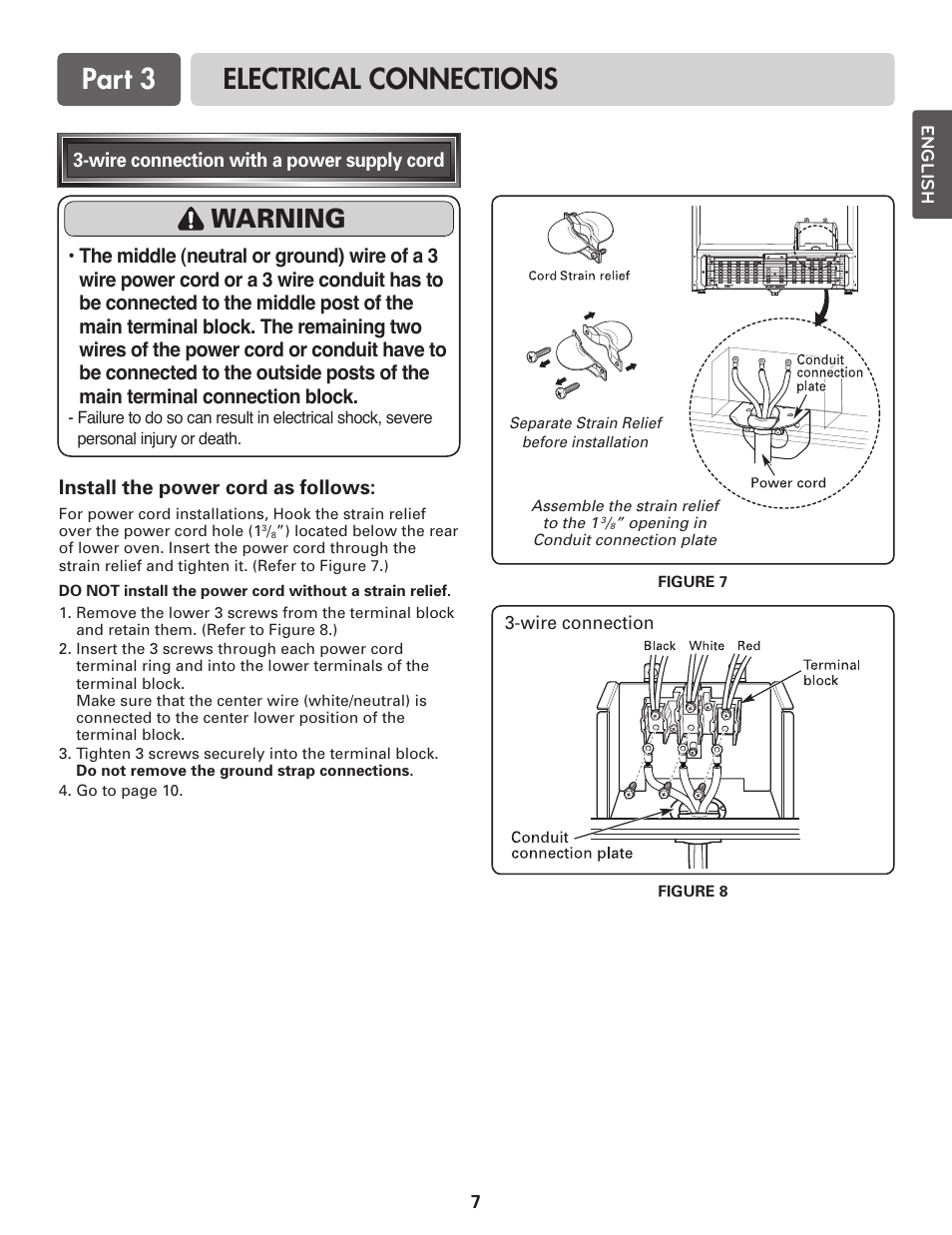Part 3 electrical connections, Warning, Wire connection with a power supply cord | Install the power cord as follows | LG LDE3017SW User Manual | Page 7 / 11