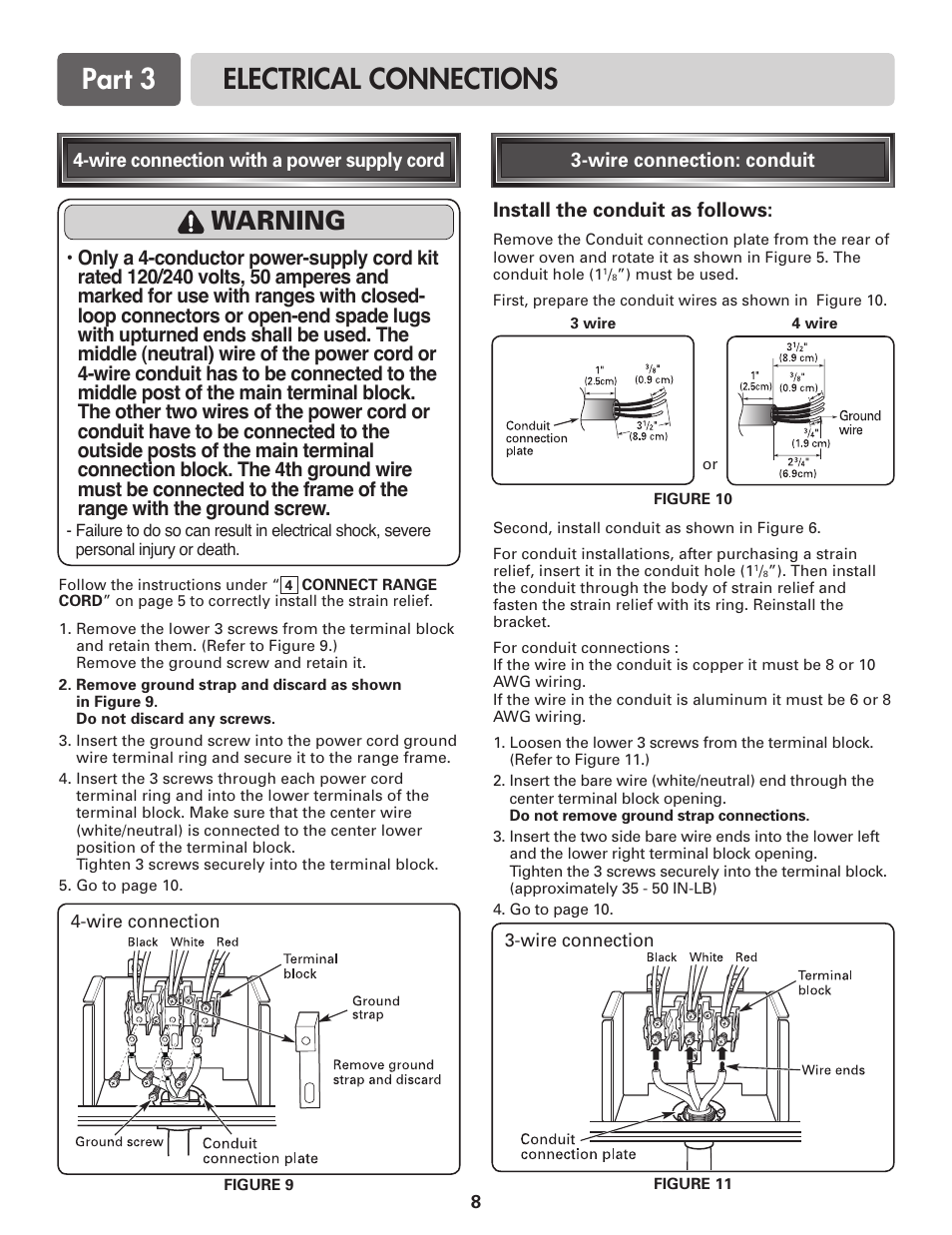 Part 3 electrical connections, Warning, Install the conduit as follows | LG LDE3017SW User Manual | Page 8 / 11