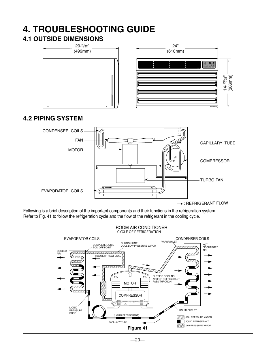 Troubleshooting guide, 1 outside dimensions, 2 piping system | LG BG-81A User Manual | Page 20 / 39