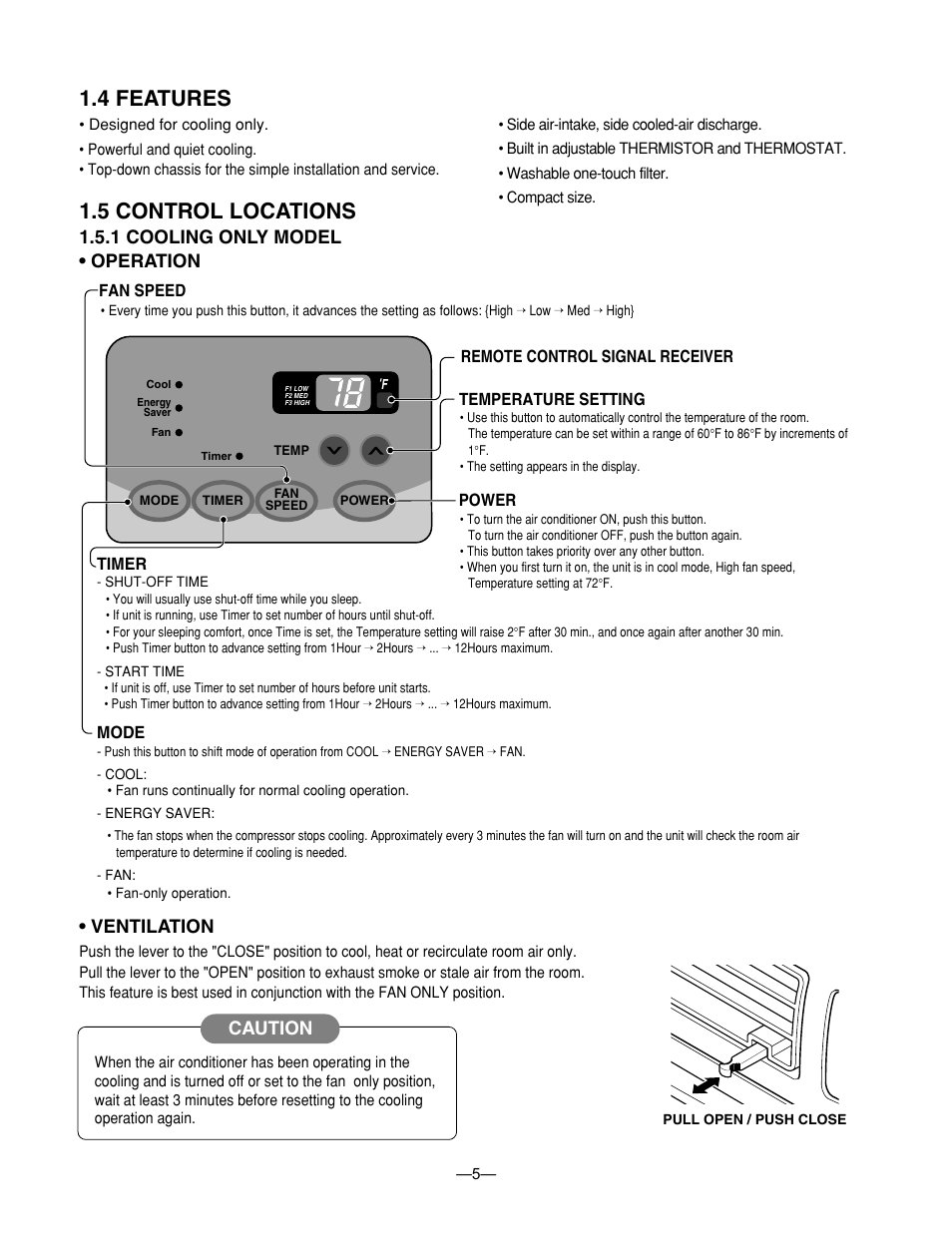 4 features, 5 control locations, 1 cooling only model • operation | Ventilation, Caution | LG BG-81A User Manual | Page 5 / 39
