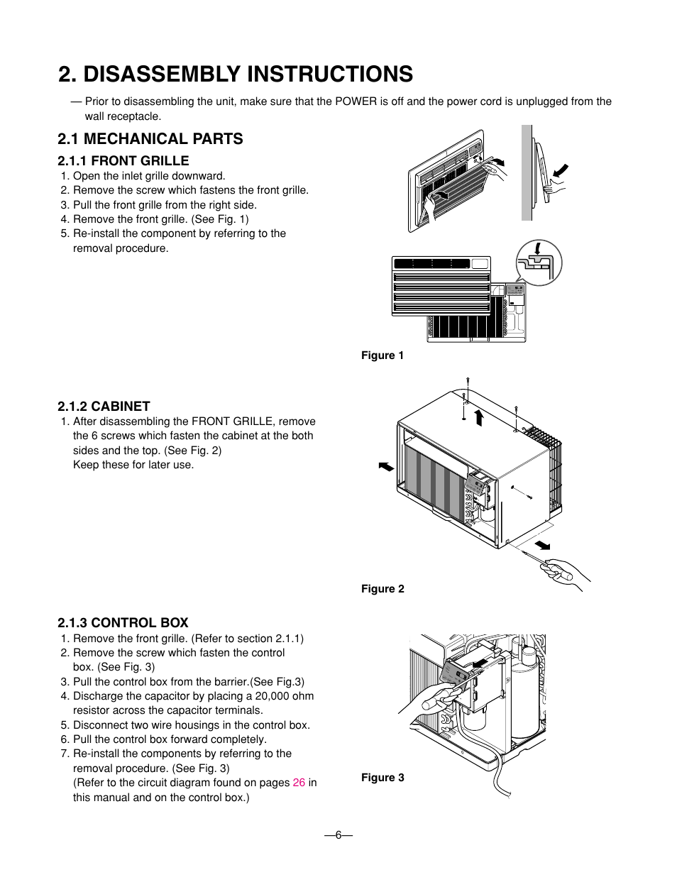 Disassembly instructions, 1 mechanical parts, 1 front grille | 2 cabinet, 3 control box | LG BG-81A User Manual | Page 6 / 39