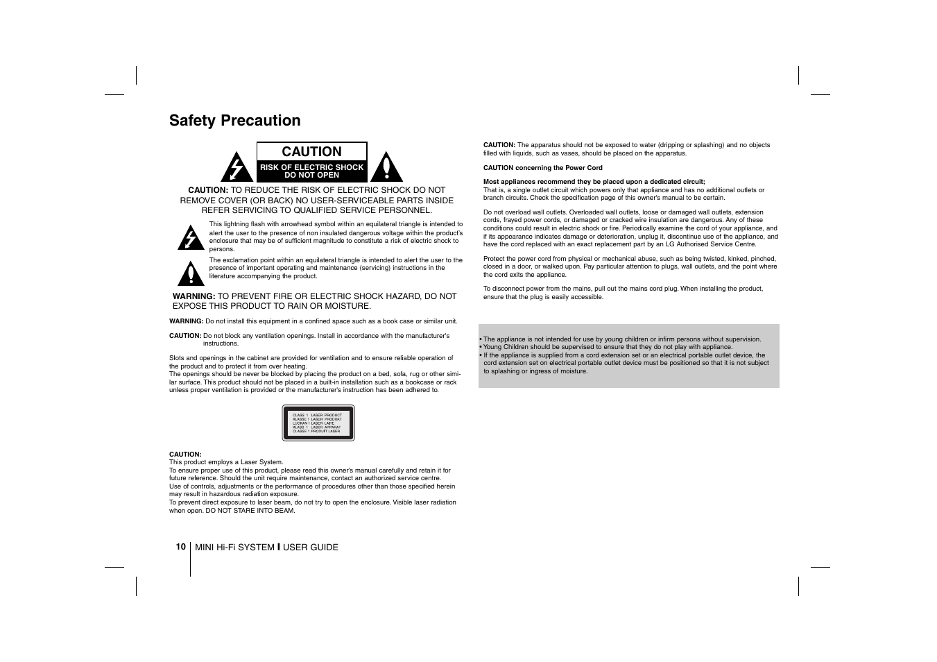 Safety precaution, Caution | LG MCD112 User Manual | Page 10 / 12