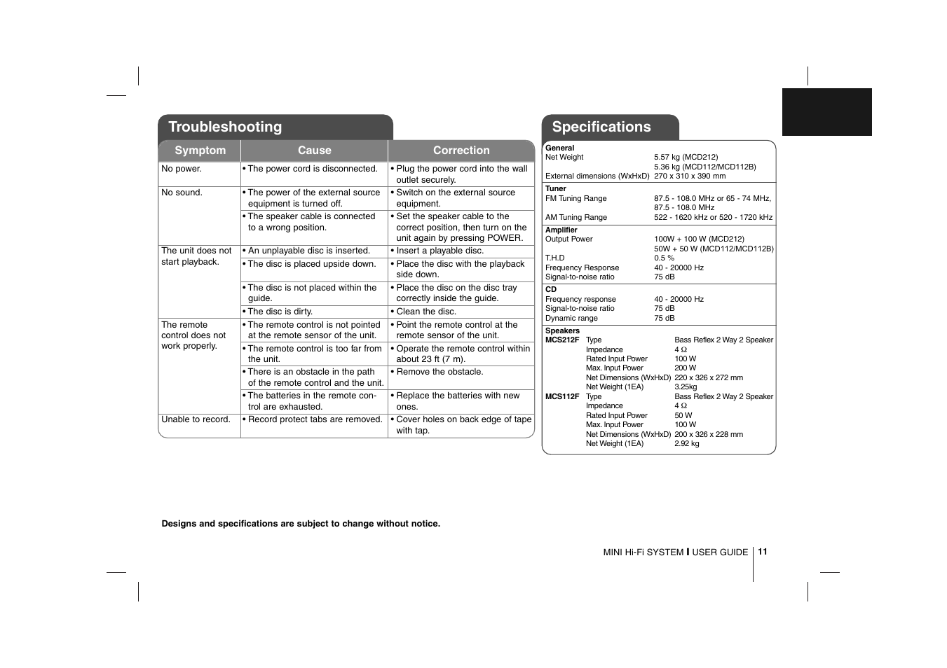 Troubleshooting, Specifications | LG MCD112 User Manual | Page 11 / 12