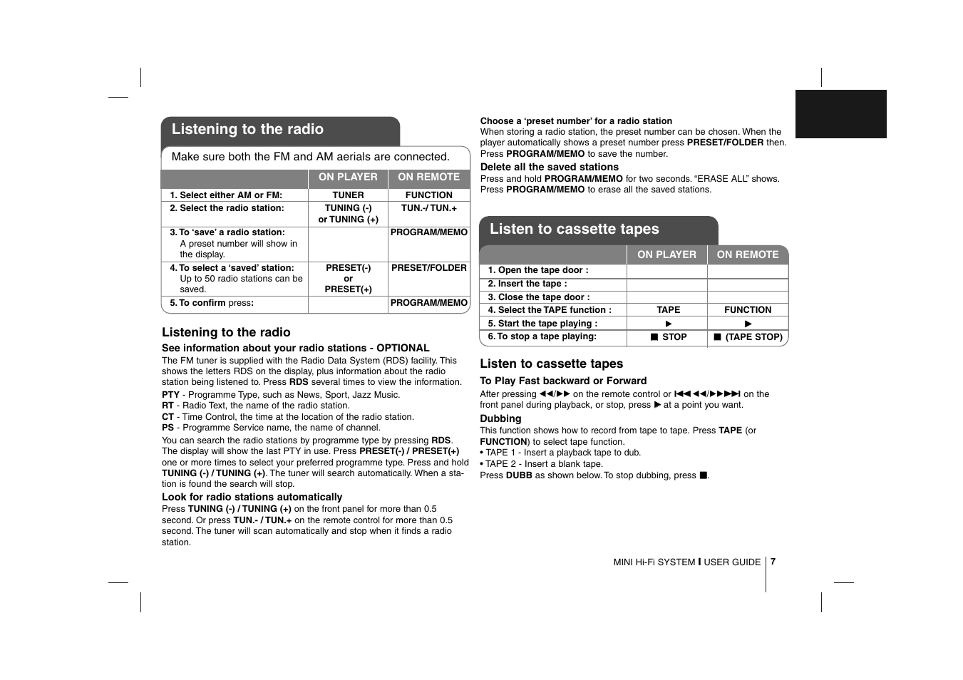 Listening to the radio, Listen to cassette tapes | LG MCD112 User Manual | Page 7 / 12