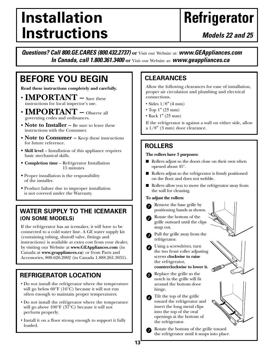 Preparing to install the refrigerator, Installation refrigerator instructions, Before you begin | Important, Models 22 and 25 | LG 22 User Manual | Page 13 / 32