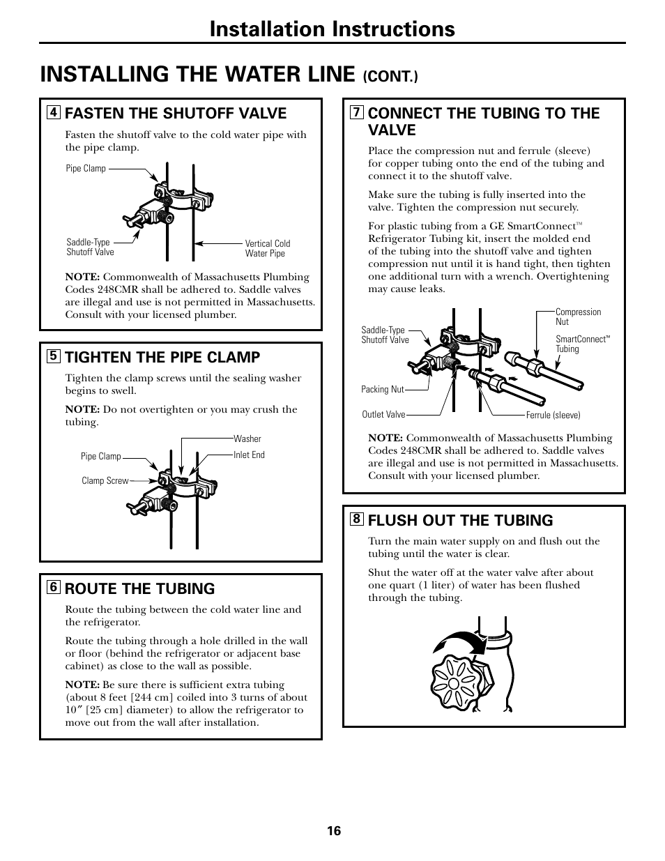 Installing the water line, Installation instructions, Flush out the tubing | Connect the tubing to the valve, Cont.), Fasten the shutoff valve, Tighten the pipe clamp, Route the tubing | LG 22 User Manual | Page 16 / 32