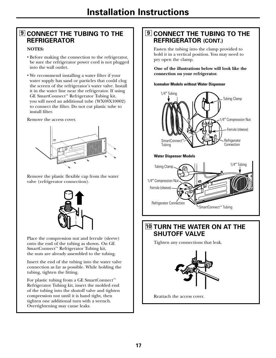 Installation instructions, Connect the tubing to the refrigerator, Turn the water on at the shutoff valve | LG 22 User Manual | Page 17 / 32