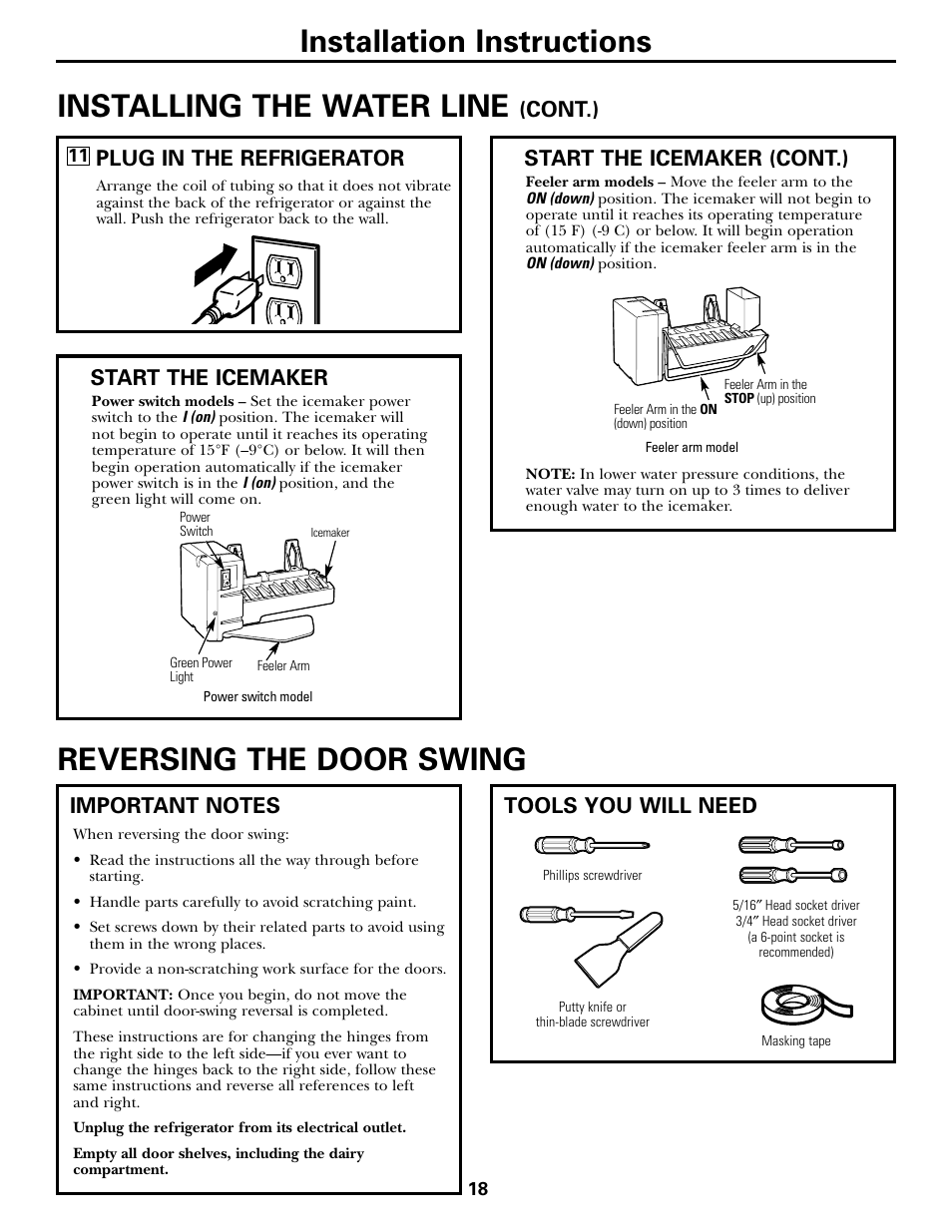 Reversing the door swing, Reversing the door swing –22, Installation instructions | Installing the water line, Plug in the refrigerator, Tools you will need, Cont.), Start the icemaker (cont.), Start the icemaker | LG 22 User Manual | Page 18 / 32