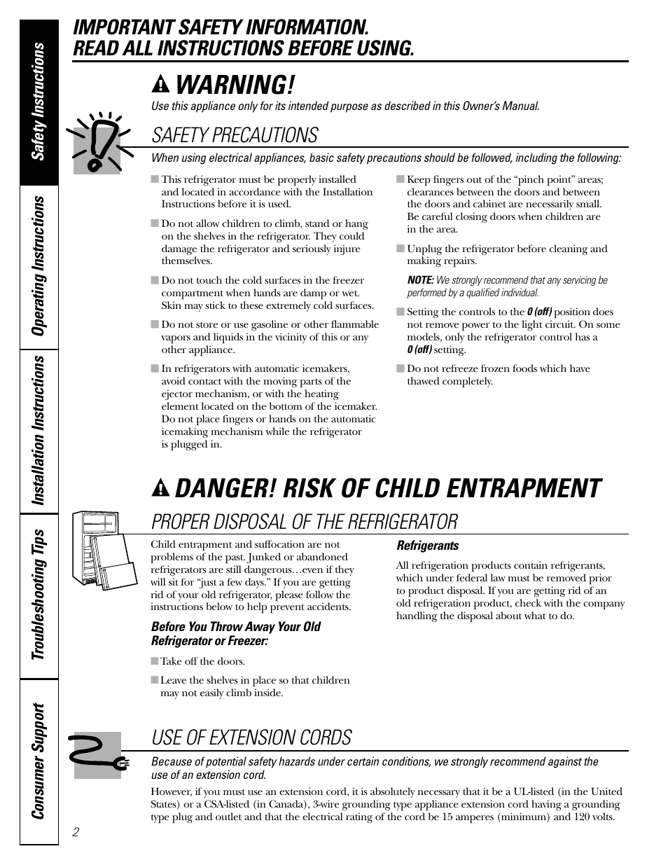 Extension cords, Proper disposal, Safety precautions | Extension cords proper disposal safety precautions, Danger! risk of child entrapment, Warning, Use of extension cords, Proper disposal of the refrigerator | LG 22 User Manual | Page 2 / 32