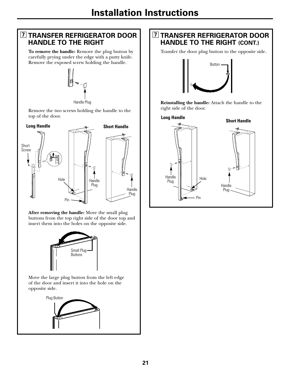 Installation instructions, Transfer refrigerator door handle to the right | LG 22 User Manual | Page 21 / 32