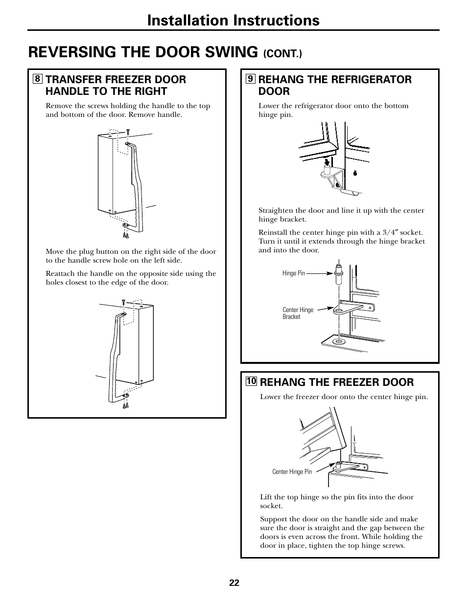 Reversing the door swing, Installation instructions | LG 22 User Manual | Page 22 / 32