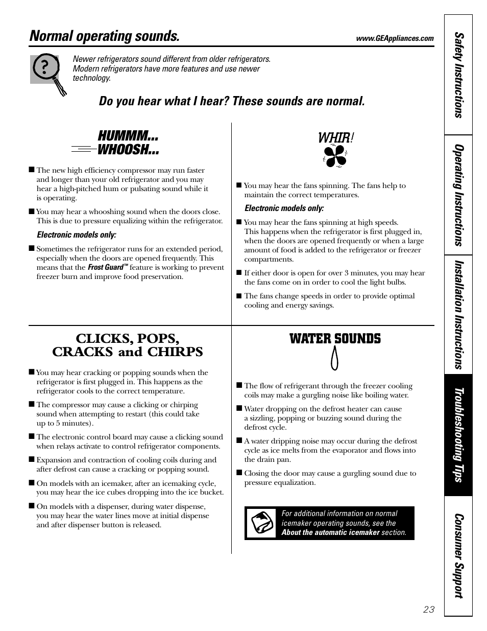 Normal operating sounds, Hummm... whoosh, Clicks, pops, cracks and chirps | Water sounds, Do you hear what i hear? these sounds are normal | LG 22 User Manual | Page 23 / 32