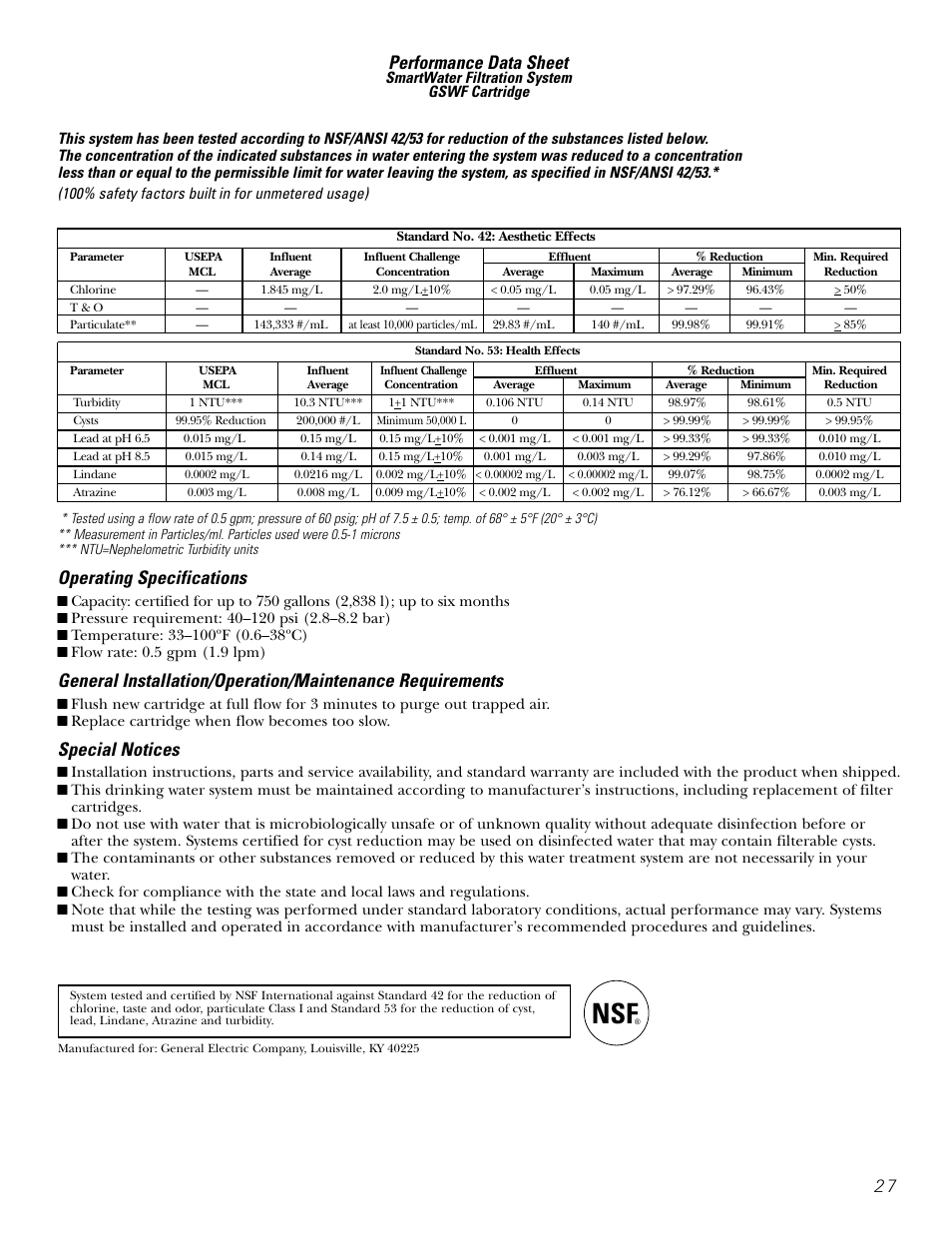 Performance data sheet, Operating specifications, Special notices | LG 22 User Manual | Page 27 / 32