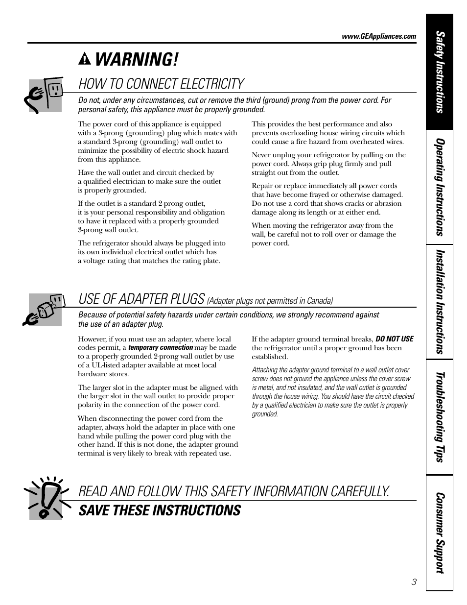 Adapter plugs, Connect electricity, Adapter plugs connect electricity | Warning, How to connect electricity, Use of adapter plugs | LG 22 User Manual | Page 3 / 32