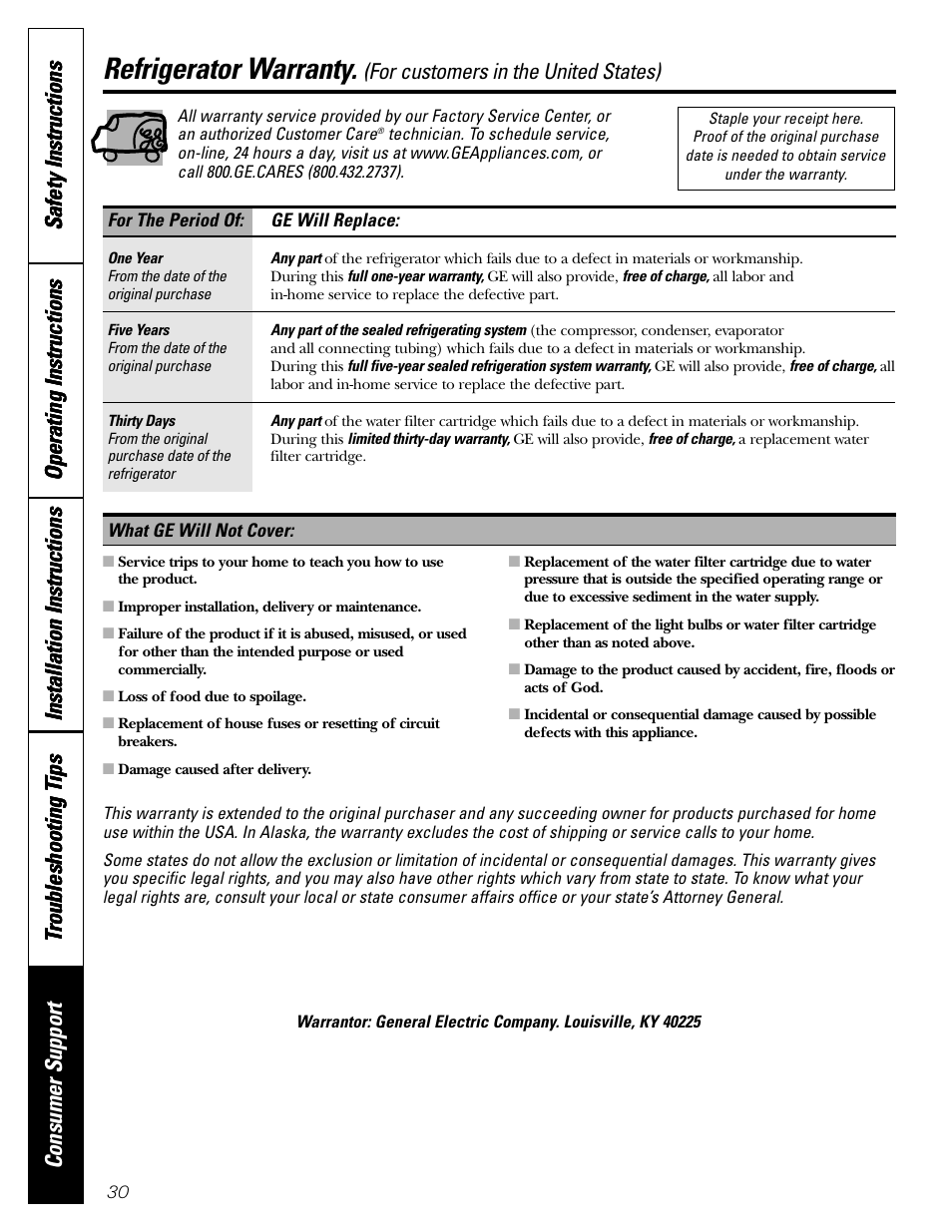 Warranty for u.s. customers, Refrigerator warranty, For customers in the united states) | LG 22 User Manual | Page 30 / 32