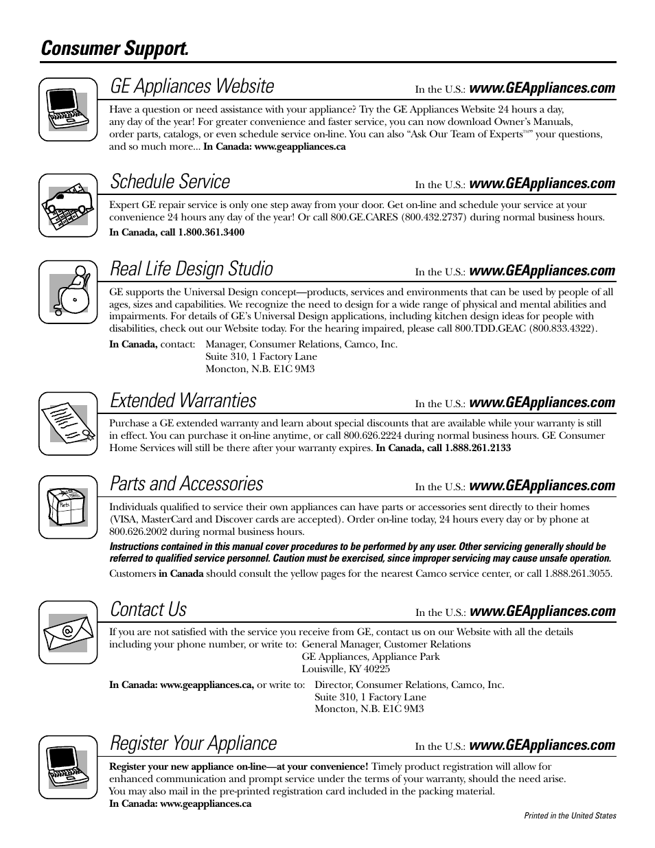 Consumer support, Consumer support . . . . . . .back cover, Consumer support. ge appliances website | Schedule service, Real life design studio, Extended warranties, Parts and accessories, Contact us, Register your appliance | LG 22 User Manual | Page 32 / 32