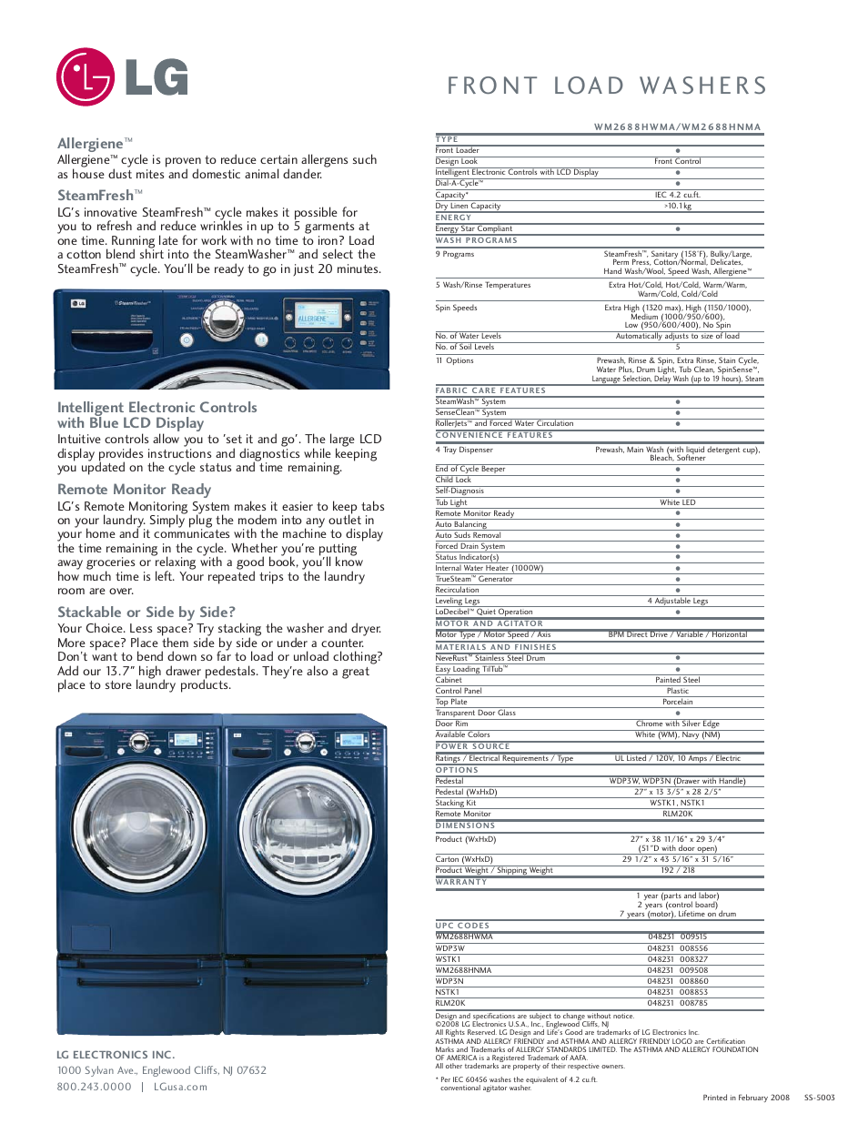 Allergiene, Steamfresh, Remote monitor ready | Stackable or side by side, Lg's innovative steamfresh, And select the steamfresh, Cycle. you'll be ready to go in just 20 minutes | LG WM2688HWMA User Manual | Page 2 / 2