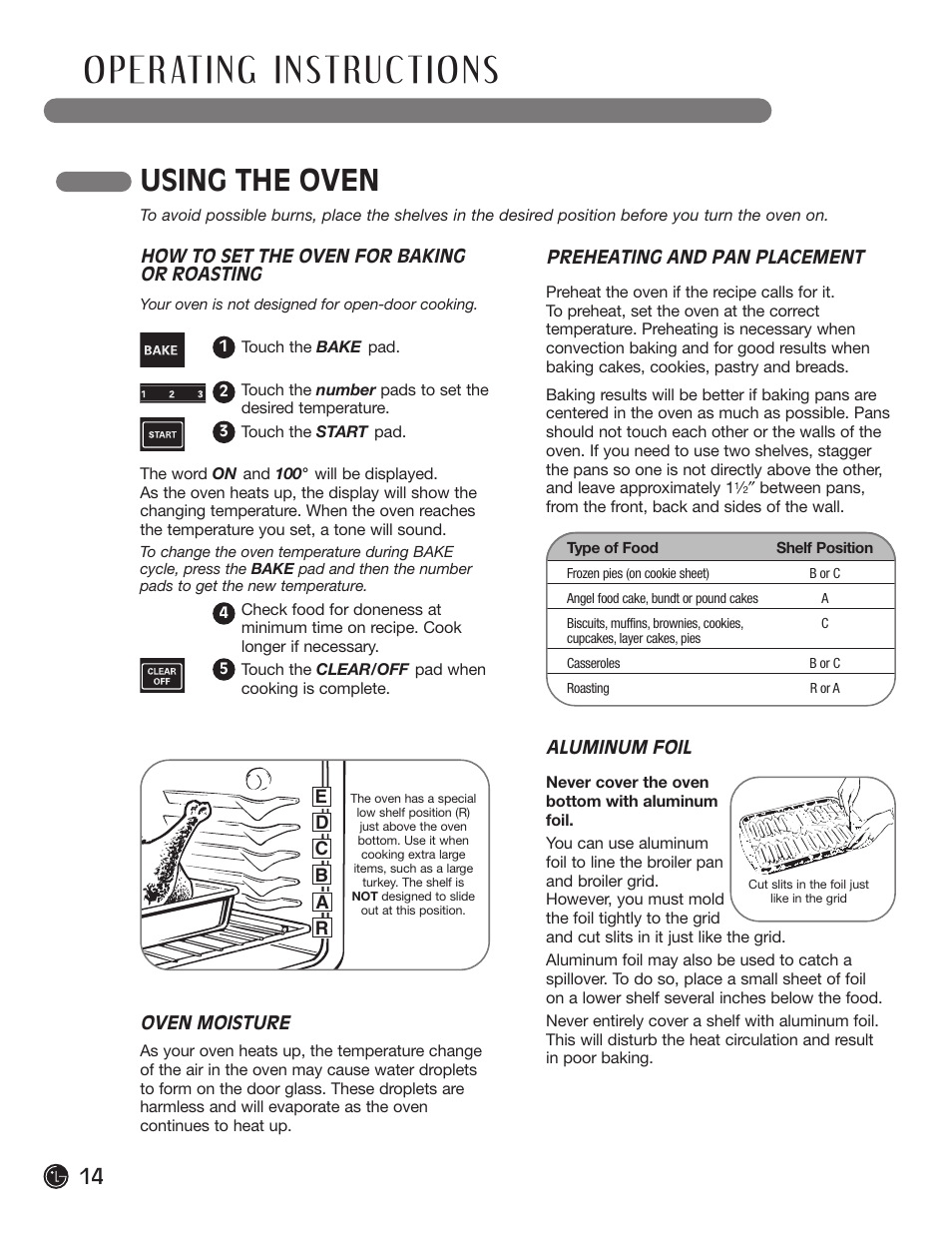 Using the oven, How to set the oven for baking or roasting, Preheating and pan placement | Aluminum foil, Oven moisture | LG LRG30357ST User Manual | Page 14 / 48