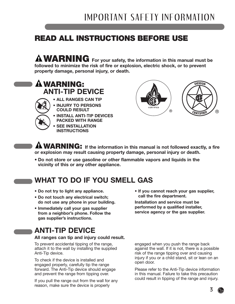 Warning, Read all instructions before use, What to do if you smell gas warning | Anti-tip device | LG LRG30357ST User Manual | Page 3 / 48