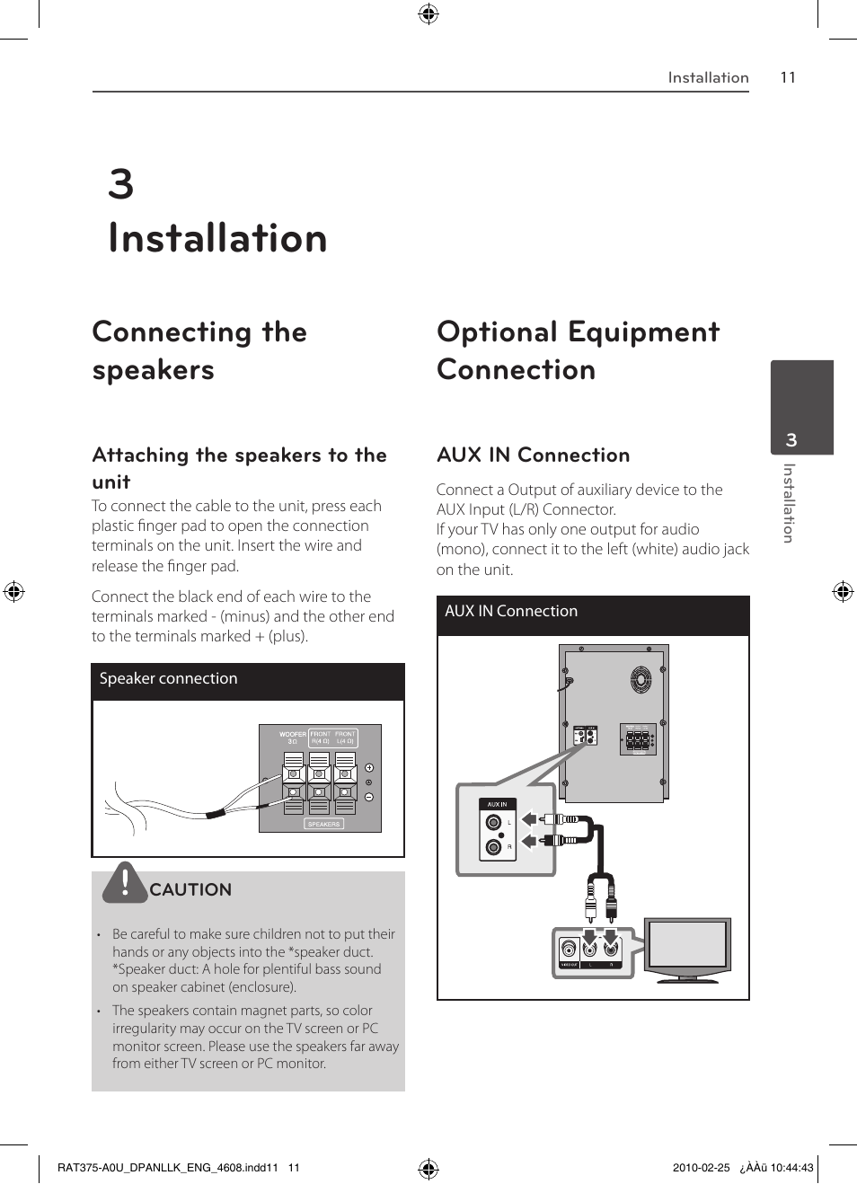 3installation, Connecting the speakers, Optional equipment connection | LG RAS375BF User Manual | Page 11 / 23