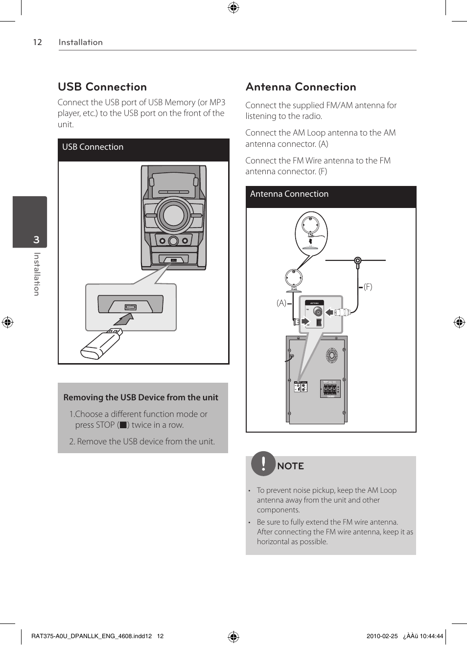 Usb connection, Antenna connection | LG RAS375BF User Manual | Page 12 / 23