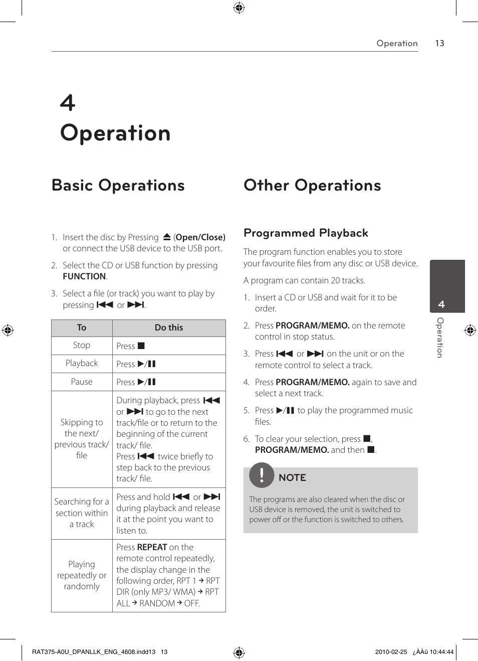 4operation, Basic operations, Other operations | Programmed playback | LG RAS375BF User Manual | Page 13 / 23