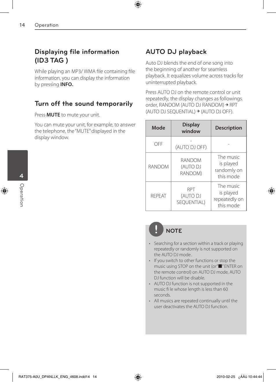 Displaying file information (id3 tag ), Turn off the sound temporarily, Auto dj playback | LG RAS375BF User Manual | Page 14 / 23