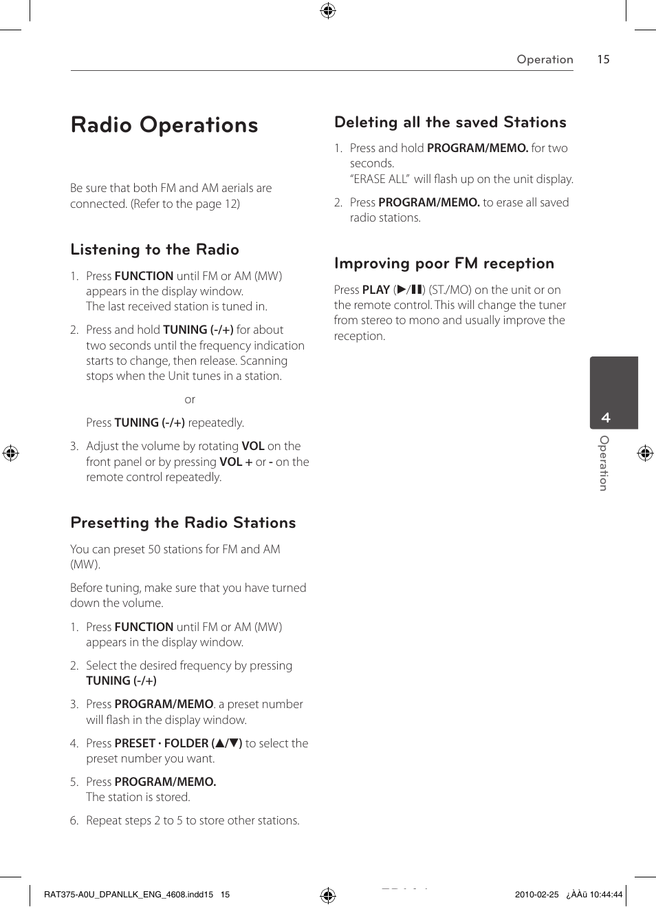 Radio operations, Listening to the radio, Presetting the radio stations | Deleting all the saved stations, Improving poor fm reception, Fb164 | LG RAS375BF User Manual | Page 15 / 23