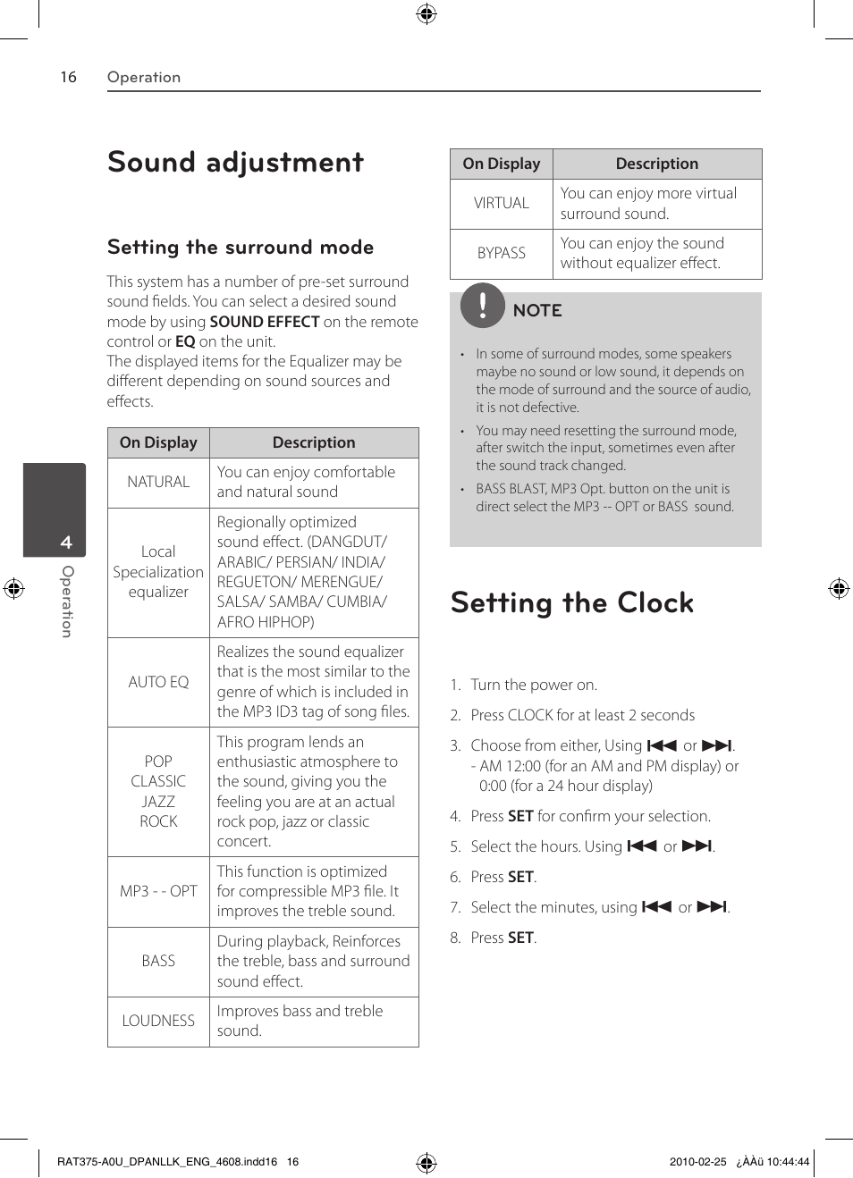 Sound adjustment, Setting the clock, Setting the surround mode | LG RAS375BF User Manual | Page 16 / 23