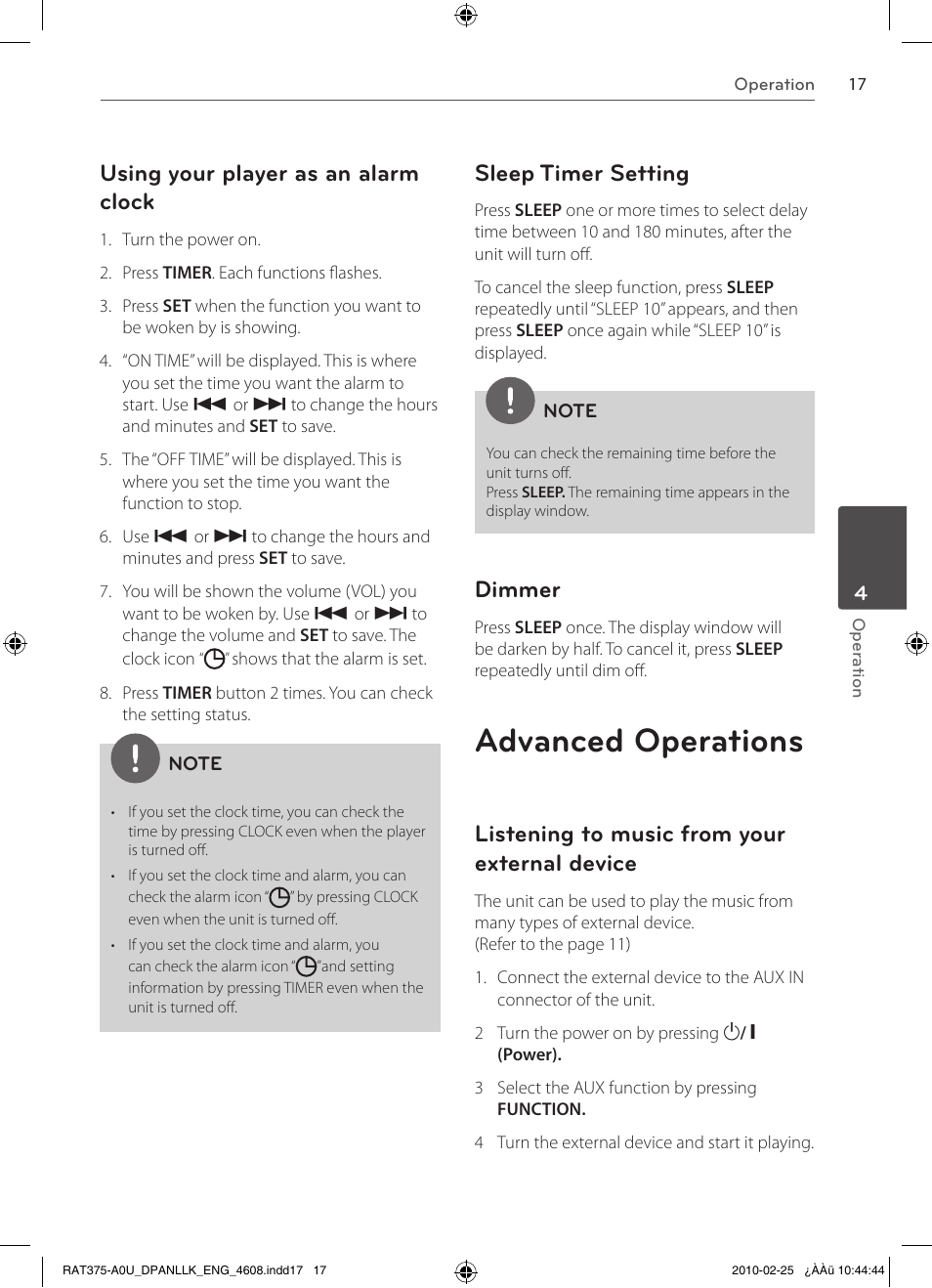 Advanced operations, Using your player as an alarm clock, Sleep timer setting | Dimmer, Listening to music from your external device | LG RAS375BF User Manual | Page 17 / 23