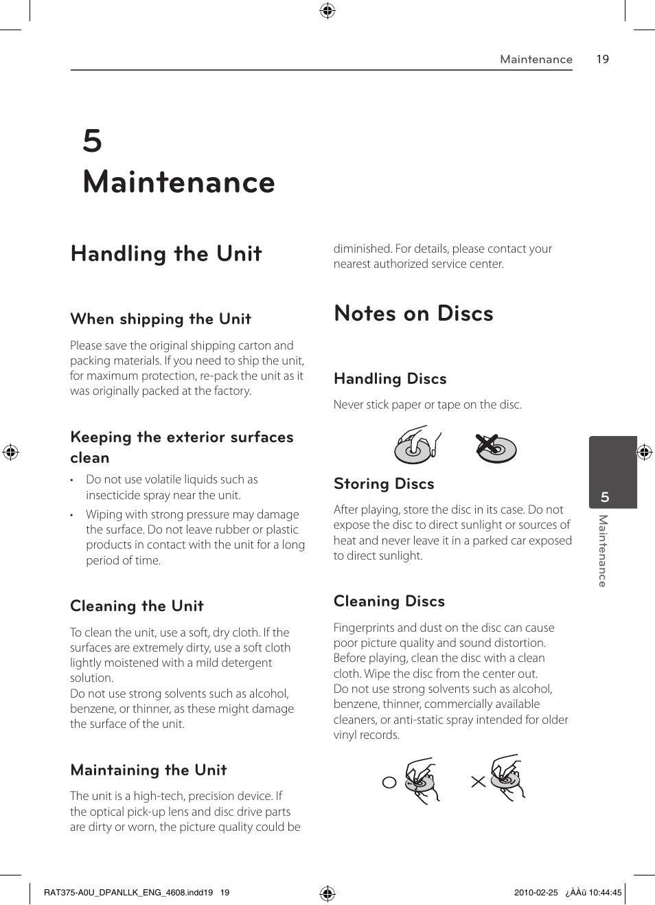 5maintenance, Handling the unit | LG RAS375BF User Manual | Page 19 / 23