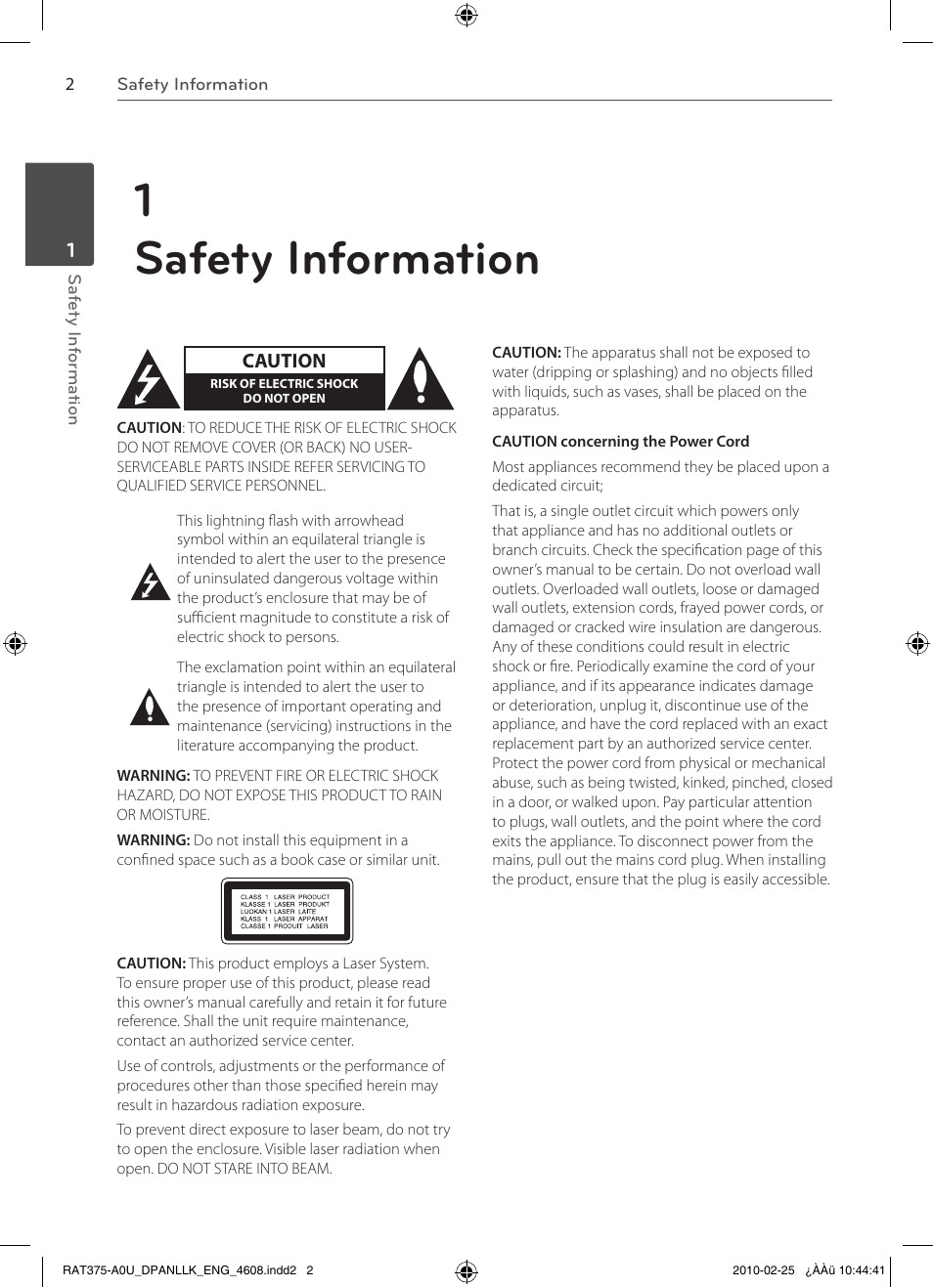 1safety information | LG RAS375BF User Manual | Page 2 / 23