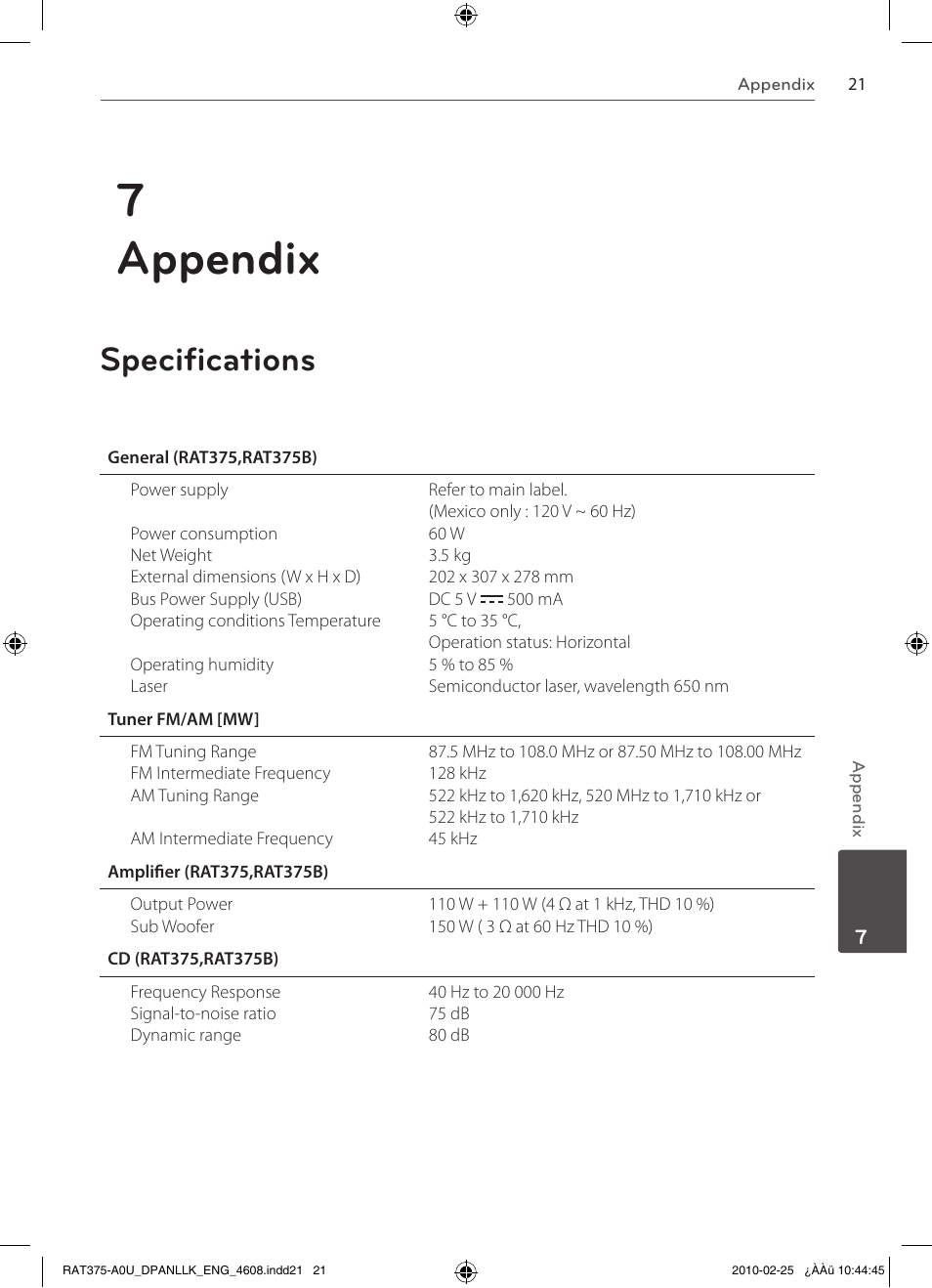 7appendix, Specifications | LG RAS375BF User Manual | Page 21 / 23