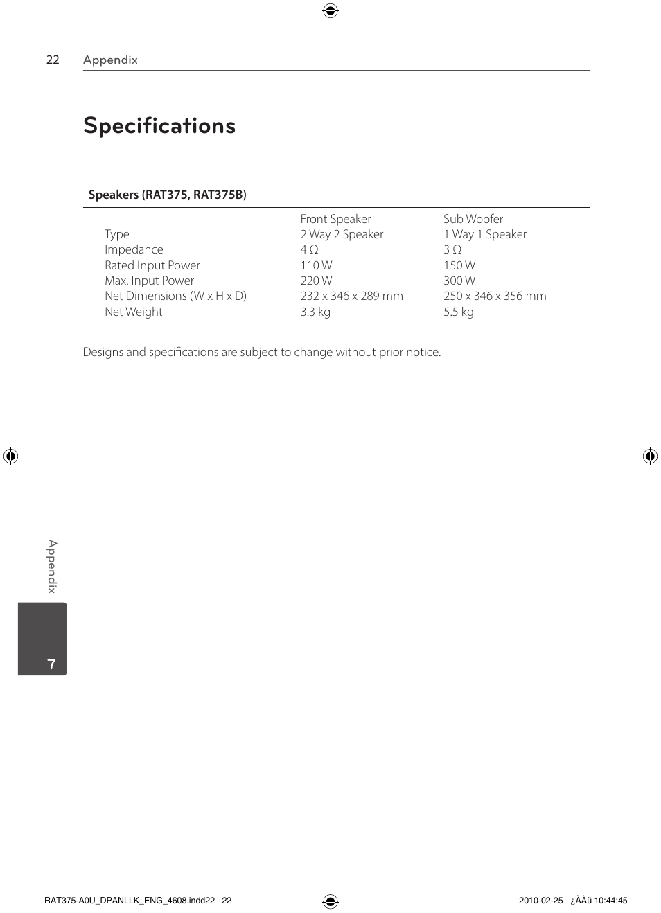 Specifications | LG RAS375BF User Manual | Page 22 / 23