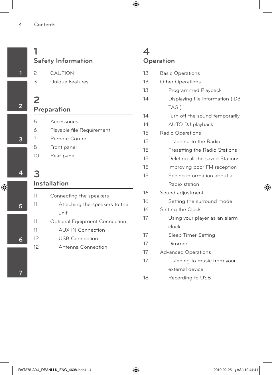 Safety information, Preparation, Installation | Operation | LG RAS375BF User Manual | Page 4 / 23